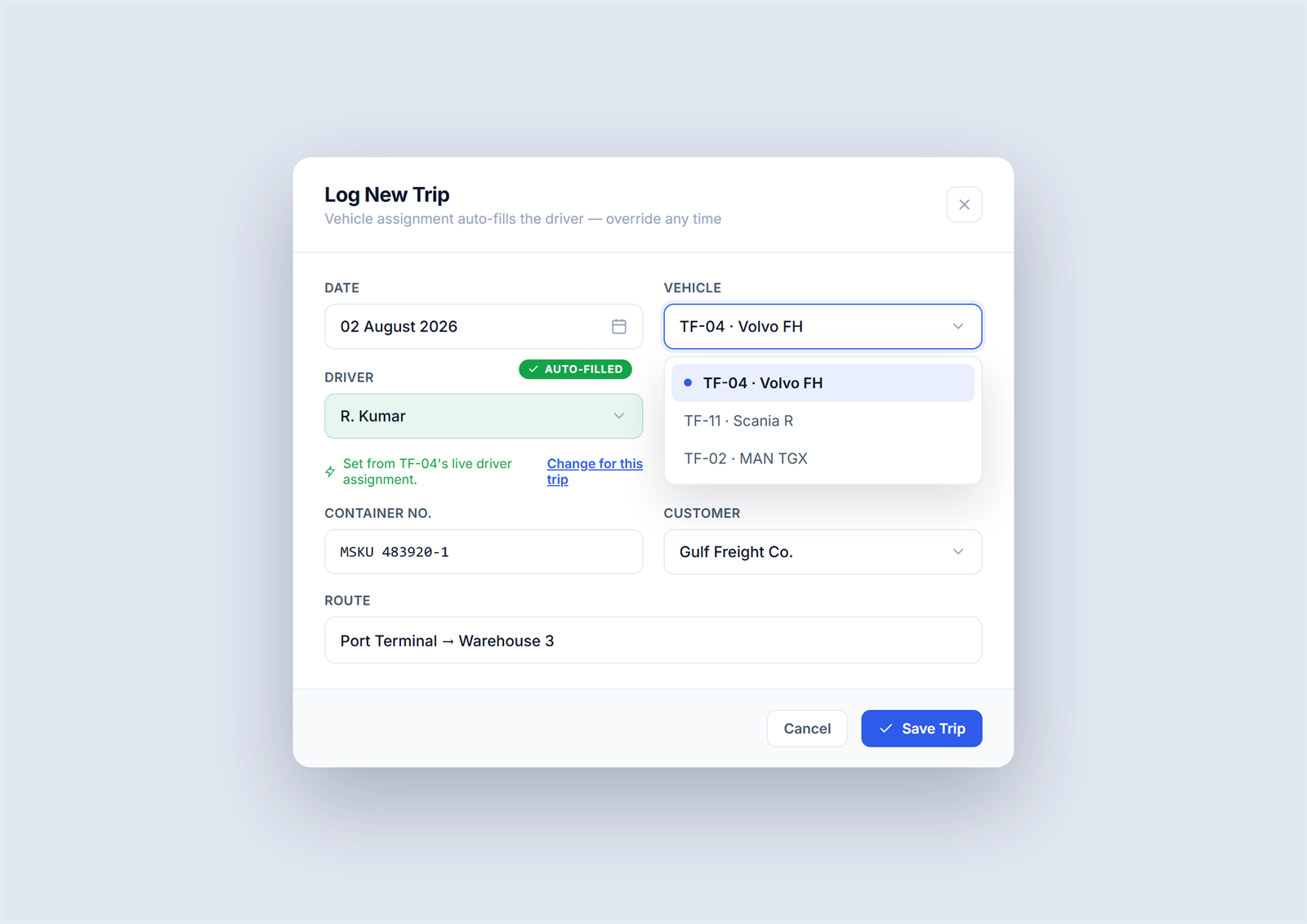 New trip form auto-filling the driver from the selected vehicle